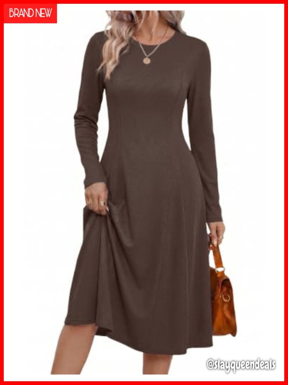 Long Sleeve Ribbed Knit Midi Sweater Dress A-Line Pockets